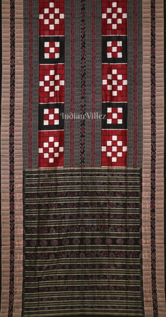 Red Black Small Checks Bichitrapuri Odisha Ikat Sambalpuri Silk Saree