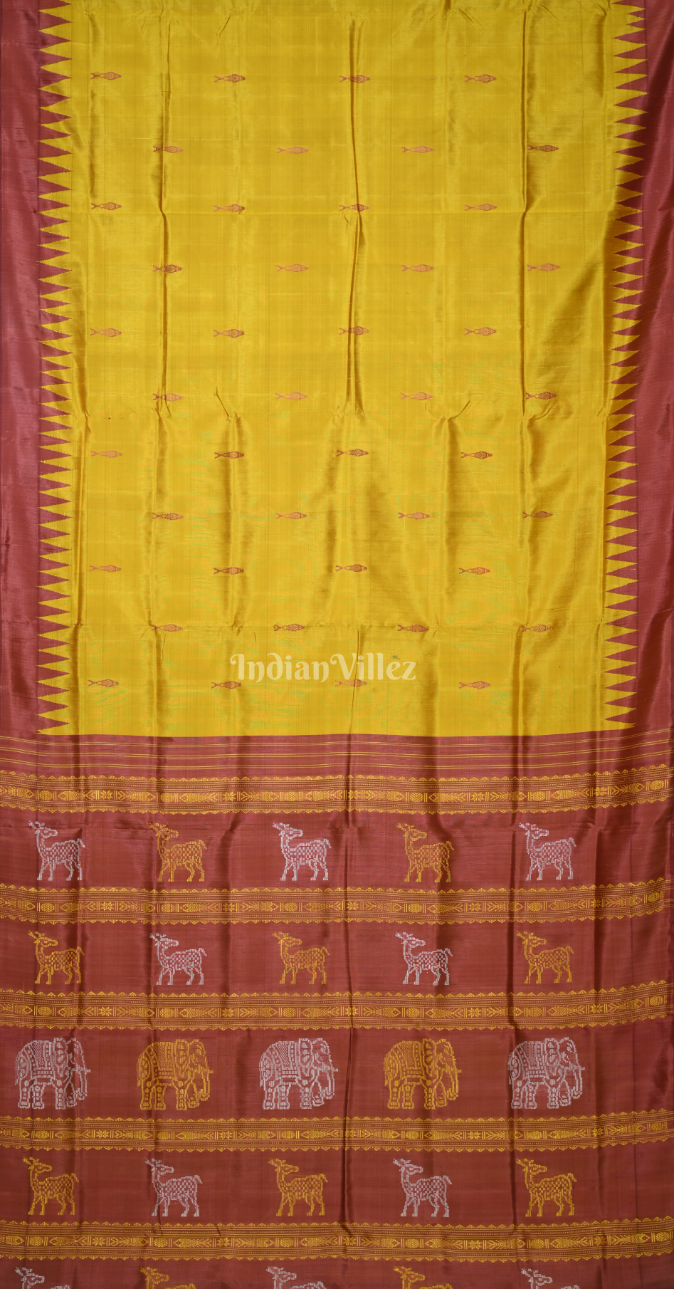 Mustard Yellow Fish Motif Double Pallu Berhampuri Silk Saree 