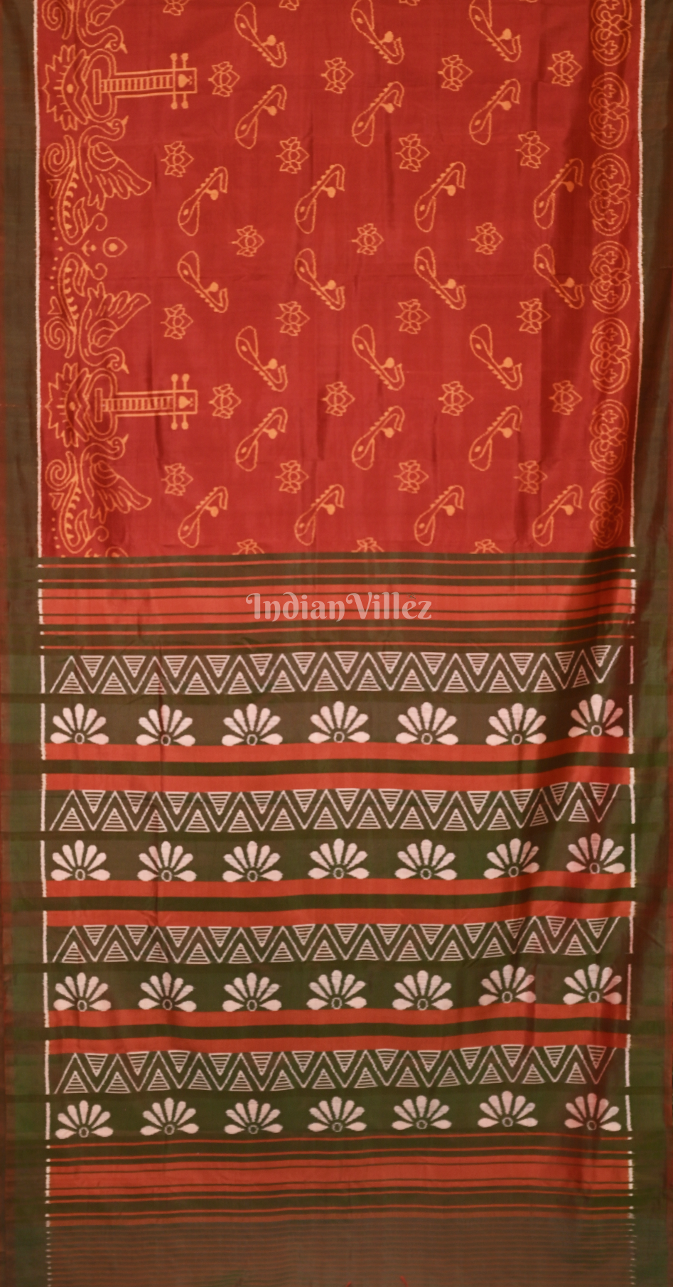 Maroon Moss Green Lotus Motif Contemporary Designer Silk Saree