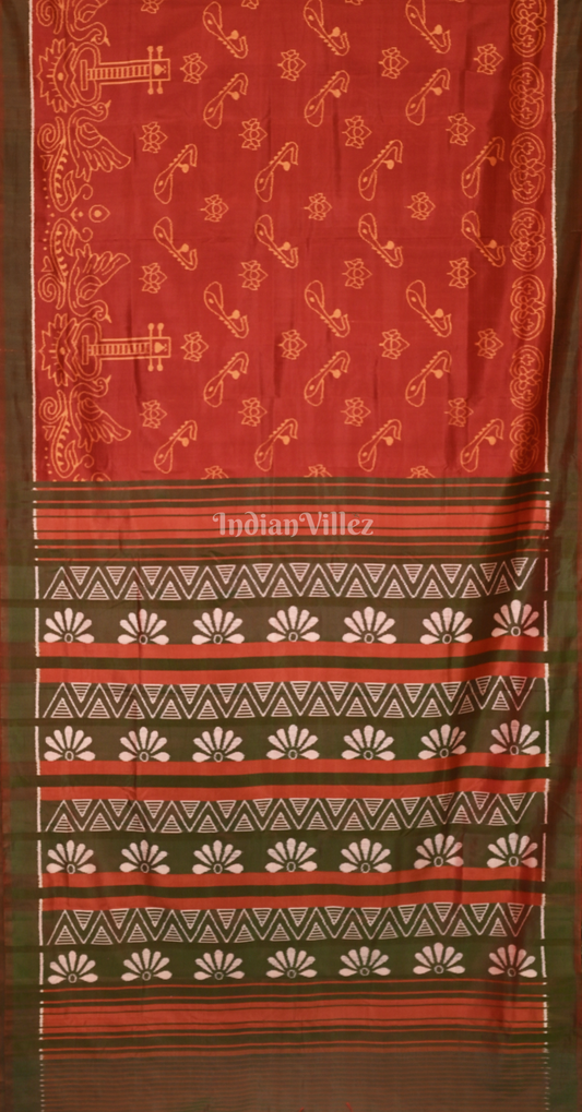 Maroon Moss Green Lotus Motif Contemporary Designer Silk Saree