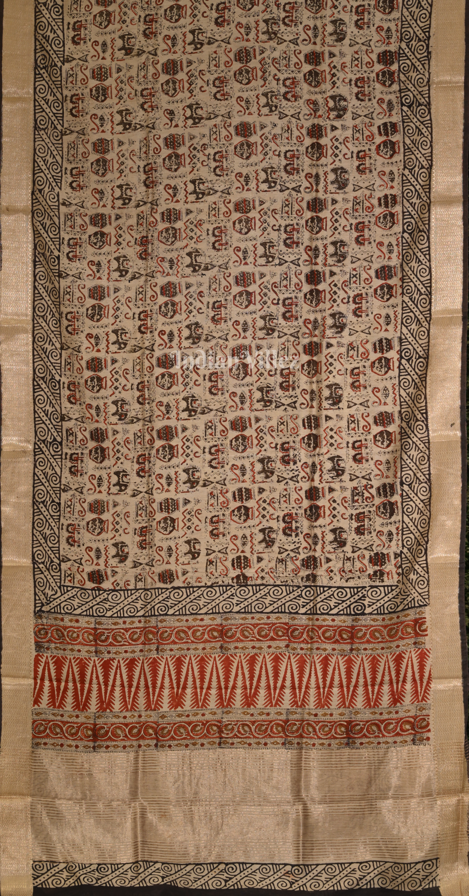 Beige with Multicolour Block Printed Bagru Cotton Saree 
