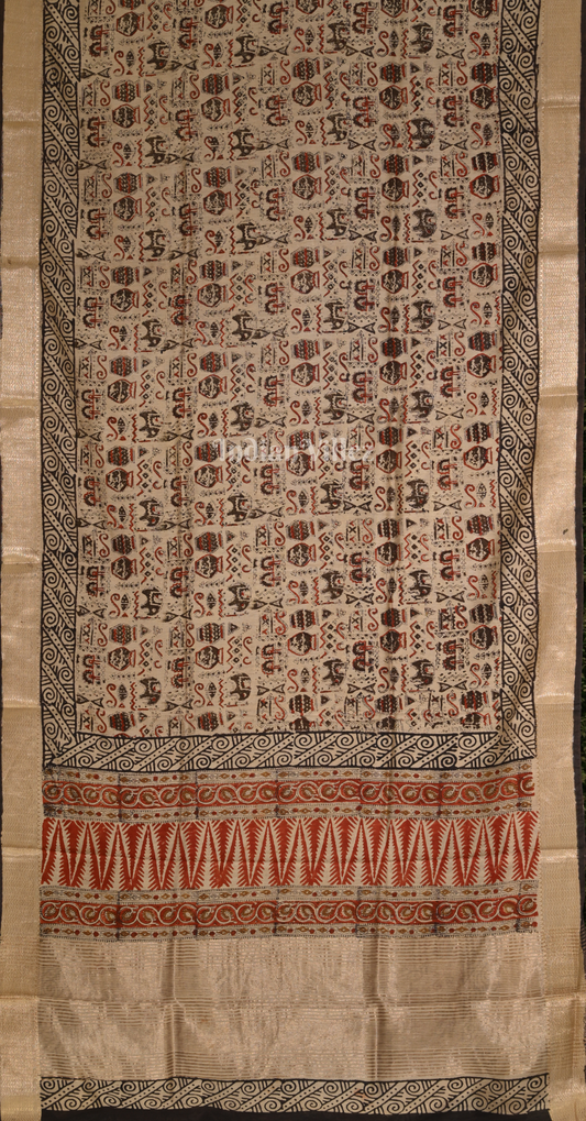 Beige with Multicolour Block Printed Bagru Cotton Saree 