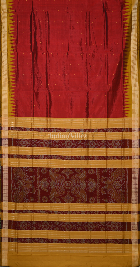 Maroon Mustard Yellow Buti Design Odisha Ikat Bomkai Silk Saree