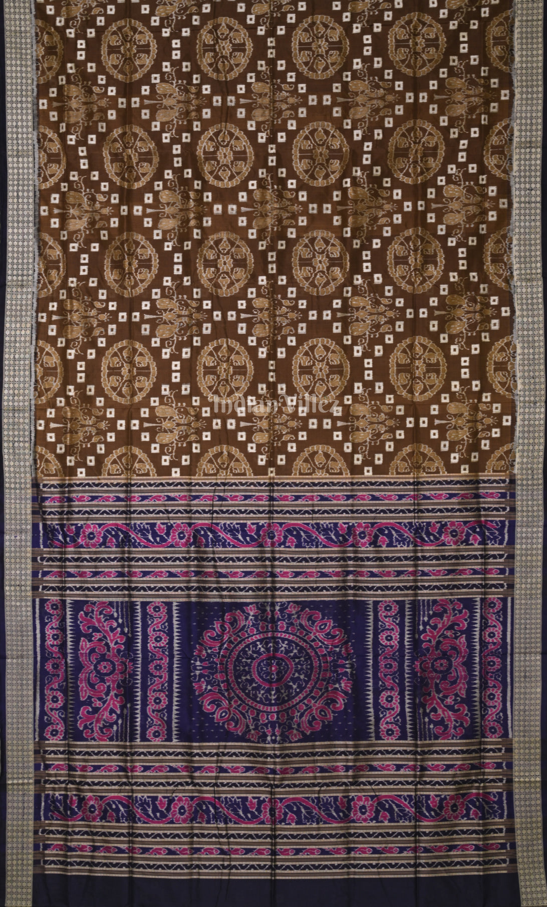 Brown Blue Jhoti Theme Odisha Ikat Sambalpuri Silk Saree