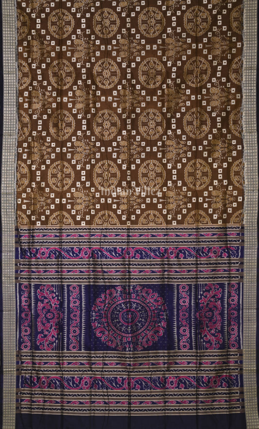 Brown Blue Jhoti Theme Odisha Ikat Sambalpuri Silk Saree
