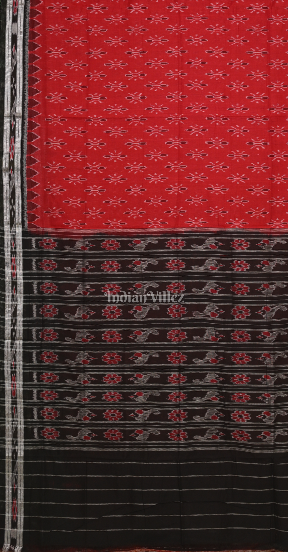 Red Black Damru Odisha Ikat Maniabandha Cotton Saree 