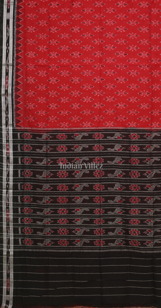 Red Black Damru Odisha Ikat Maniabandha Cotton Saree 