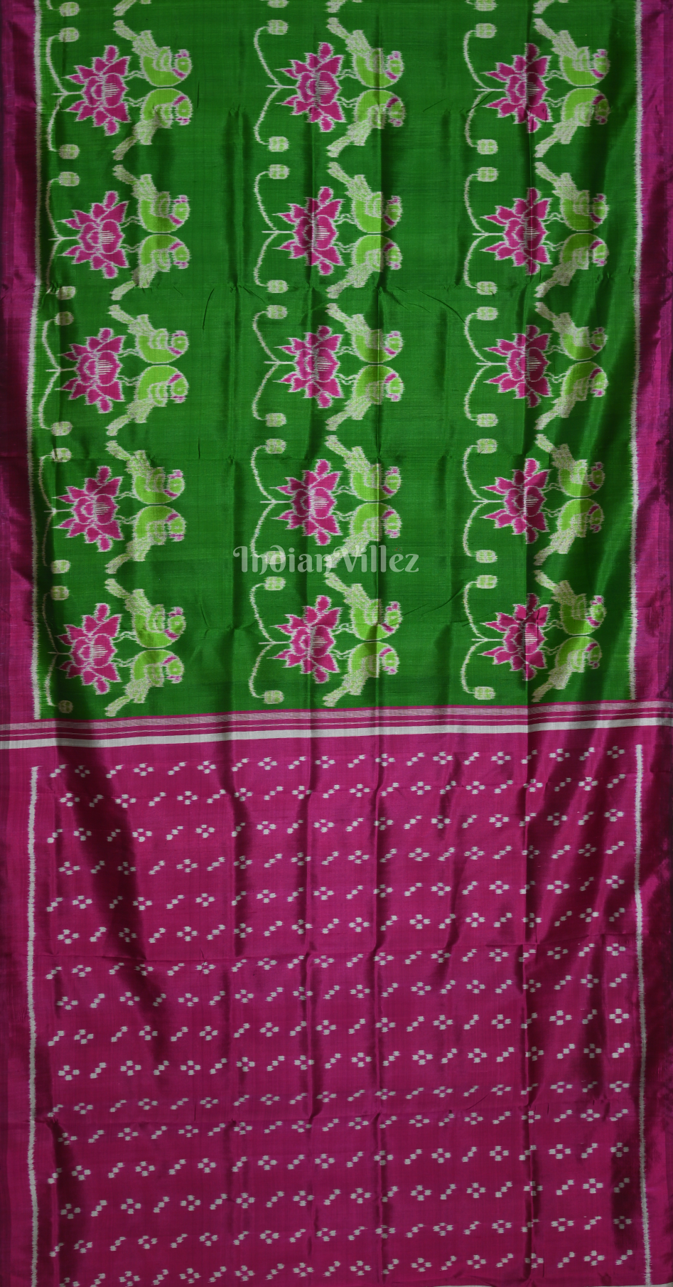 Green Magenta Pink Lotus Parrot  Motif Odisha Ikat Contemporary Designer Silk Saree 