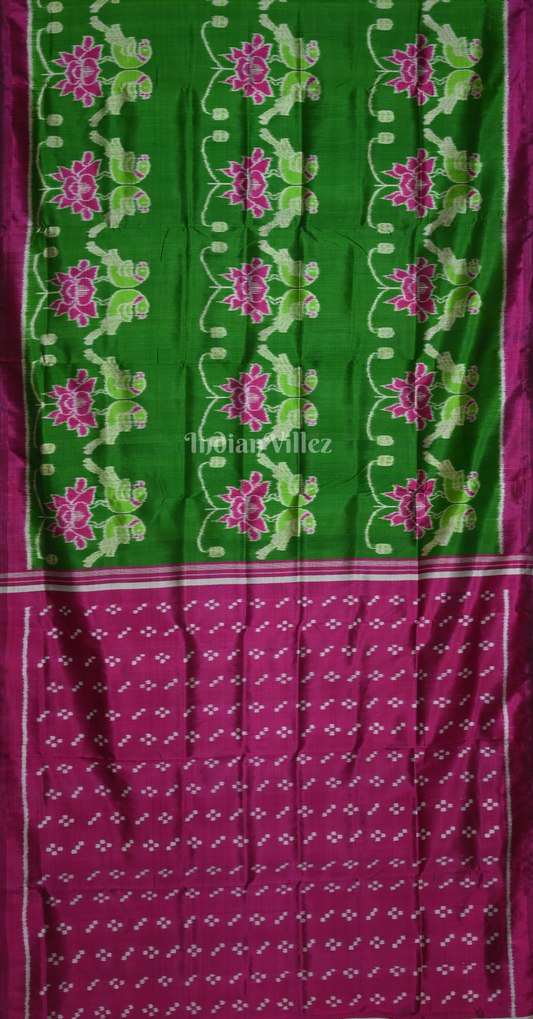 Green Magenta Pink Lotus Parrot  Motif Odisha Ikat Contemporary Designer Silk Saree 