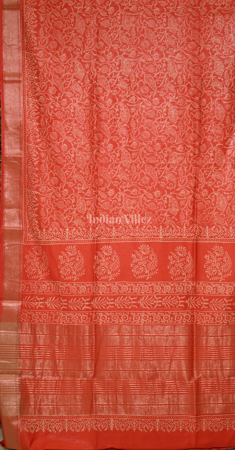 Red Block Printed Cotton Saree 
