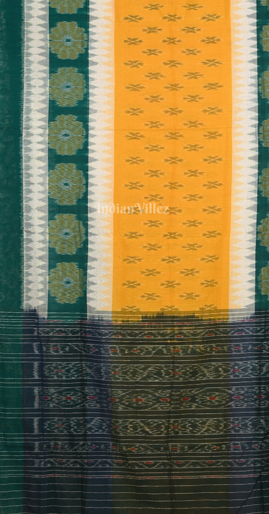 Green White Yellow Damru Odisha Ikat Maniabandha Cotton Saree