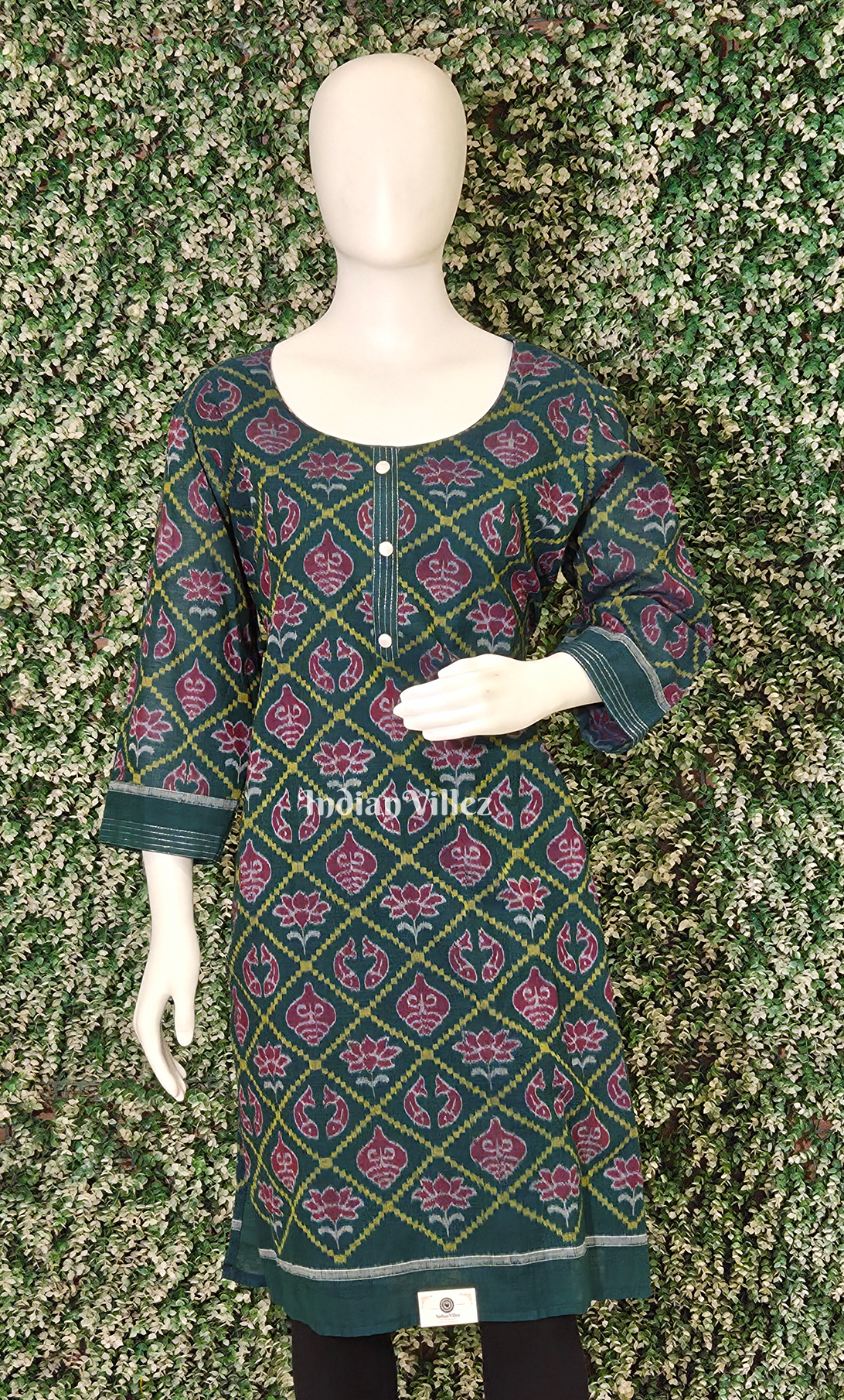 Green Black Diagonally Nabakothi Odisha Ikat Designer Cotton Kurti for Women 