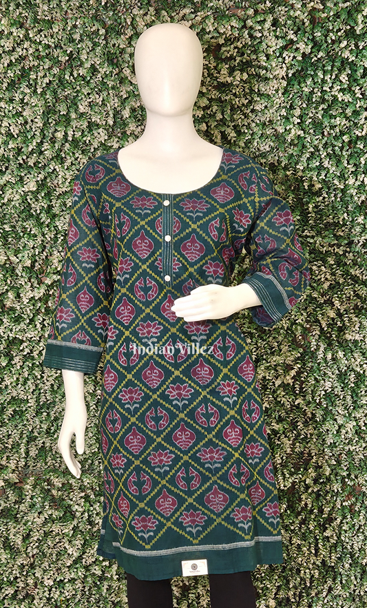 Green Black Diagonally Nabakothi Odisha Ikat Designer Cotton Kurti for Women 