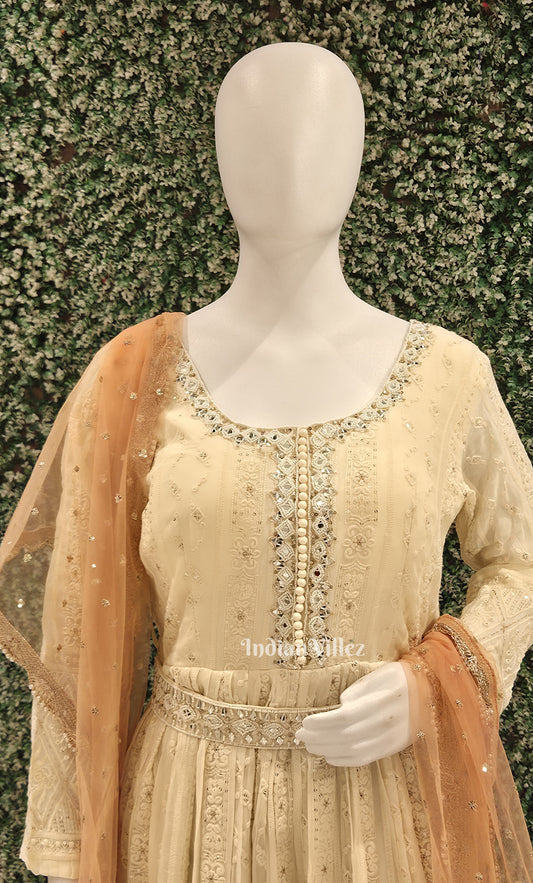 Designer Off white Thread Work Georgette Gown with Dupatta