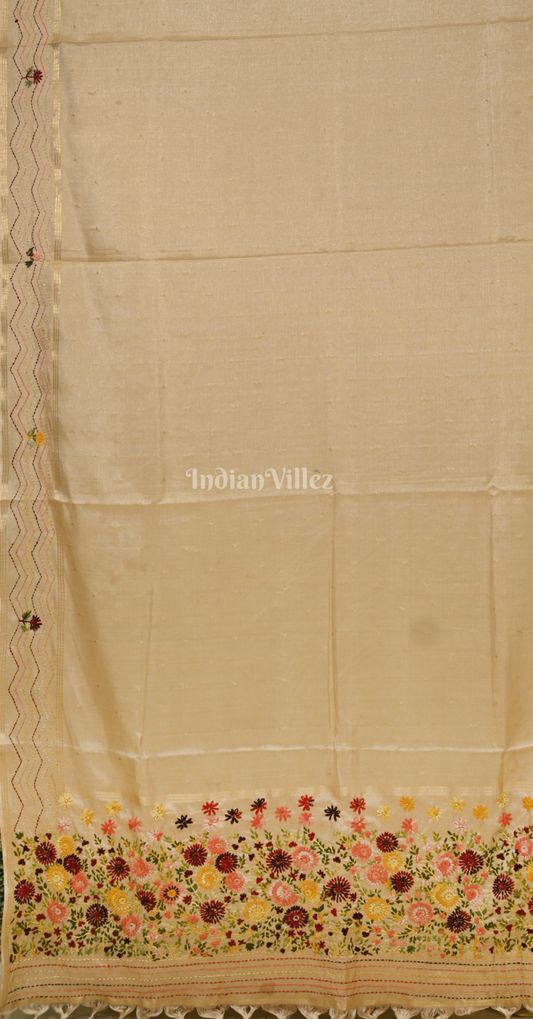 Beige Tusasr Silk Saree with Floral Embroidery Work 