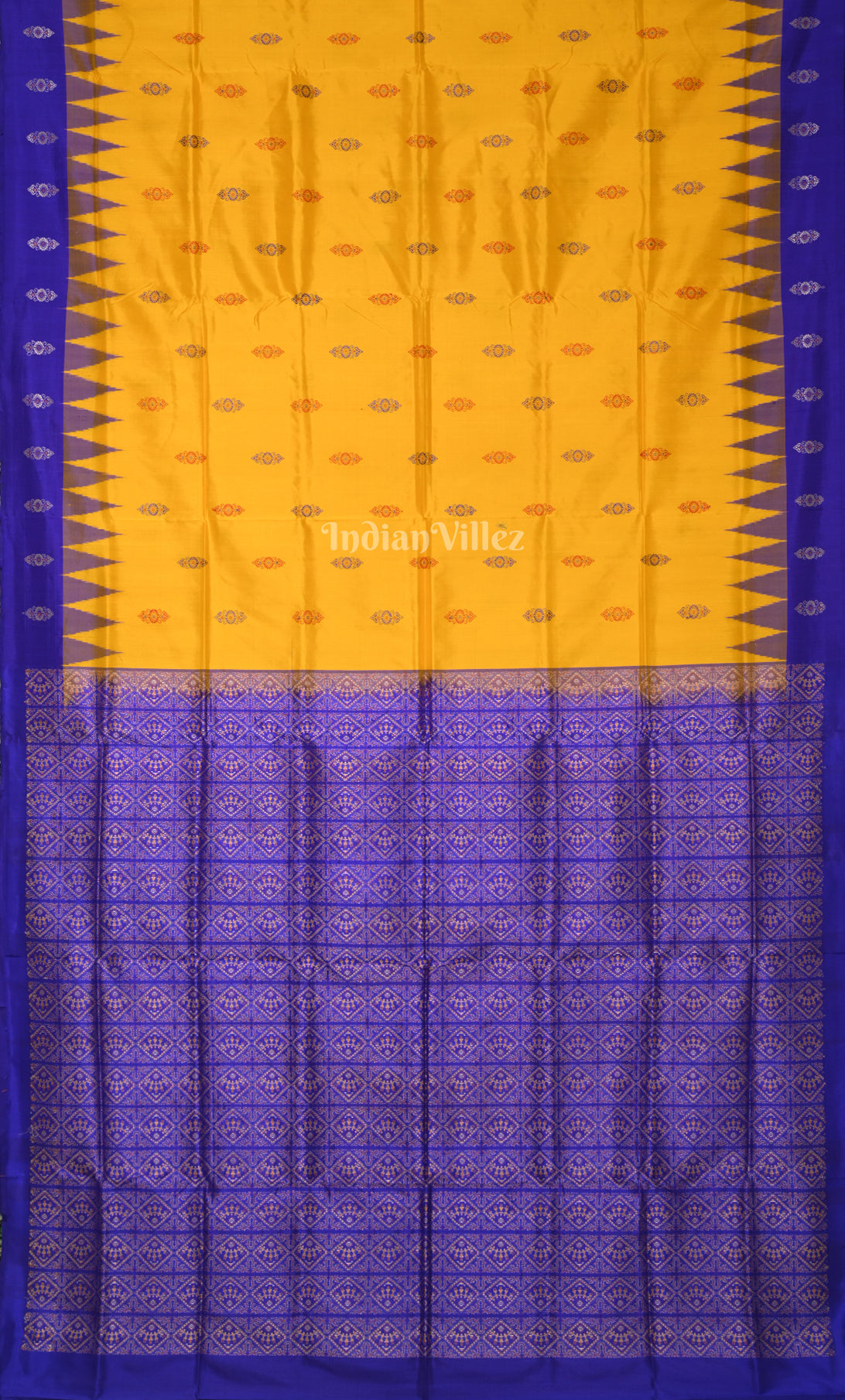Mustard Yellow Blue Odisha Ikat Bomkai Sambalpuri Silk Saree 