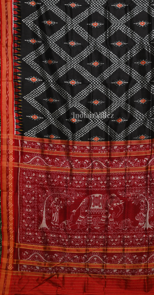Black Red Tarabali Odisha Ikat Khandua Silk Saree with Elephant Anchal