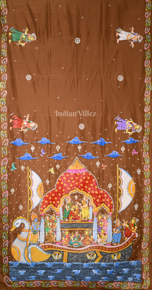 Copper Brown Boita Bandana Theme  Hand-Painted Pattachitra Saree 