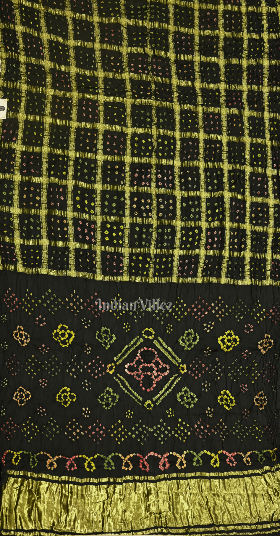 Black Neon Check Bandhani Ghatchola Gaji Silk Saree with Zari Work