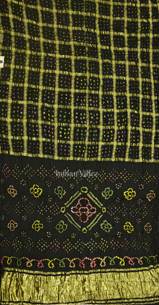 Black Neon Check Bandhani Ghatchola Gaji Silk Saree with Zari Work