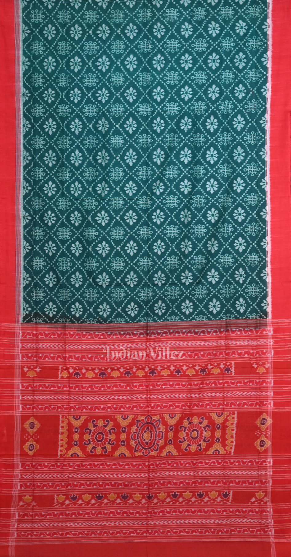 Sea Green Red Odisha Ikat Sambalpuri Cotton Saree 