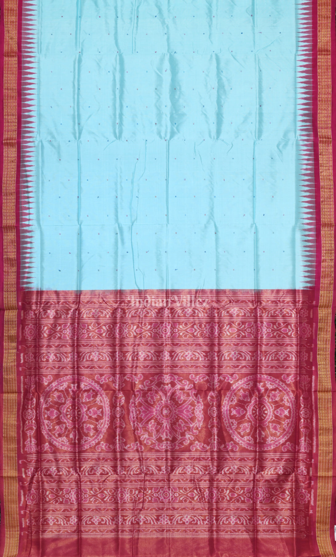 Sky Blue Pink Buti Odisha Ikat Bomkai Half Tissue Silk Saree