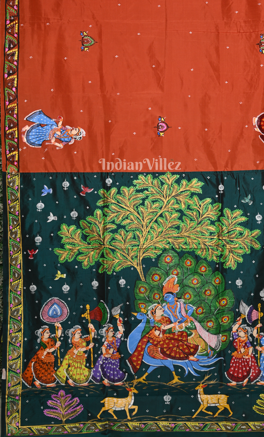 Orange Green (Mayur) & Nartaki Theme  Hand-Painted Pattachitra Saree 