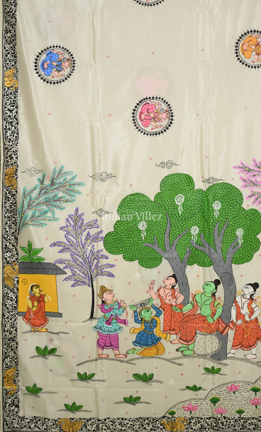 White Ramayana Theme  Hand-Painted Pattachitra Saree