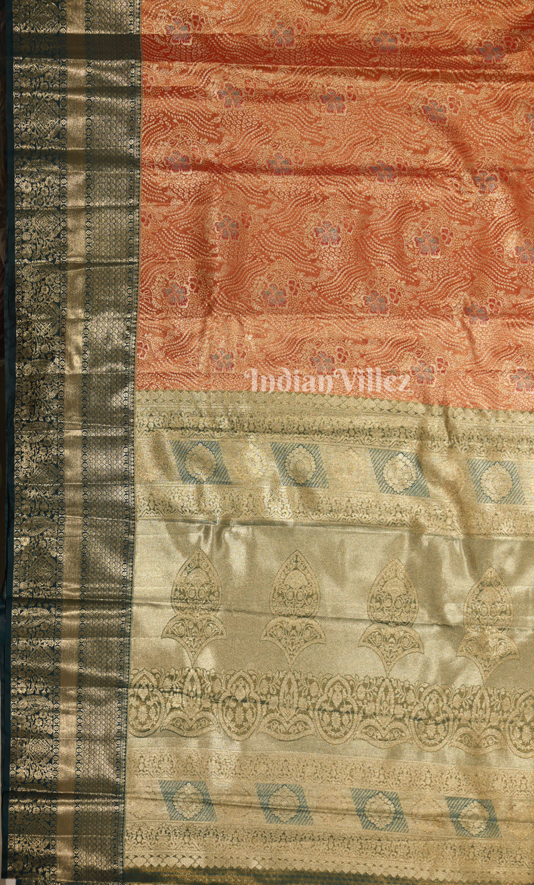 Orange Olive Green Brocade Pure Kanjivaram Silk Saree 
