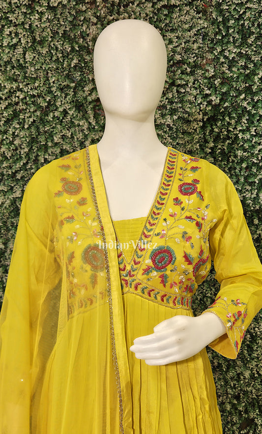 Mustard Yellow Floral Alia Cut Georgette Anarkali with Dupatta
