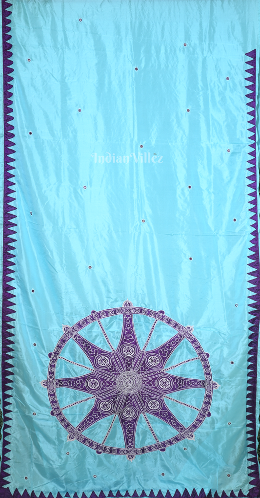 Light Blue Purple Konark Chakra Hand Embroidered Applique Work Saree