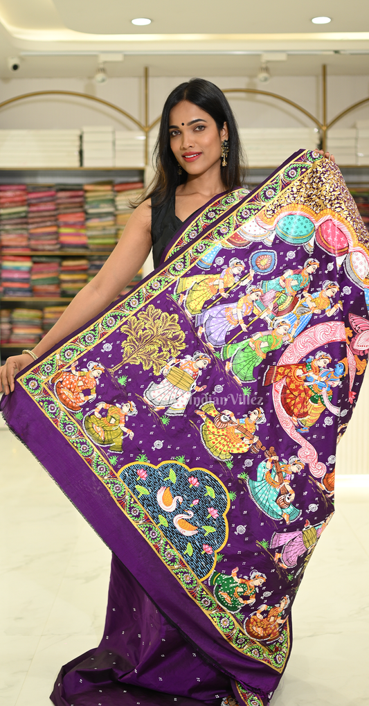 Purple Ardha Chandra Krishna Rasa Leela Hand-Painted Pattachitra Saree