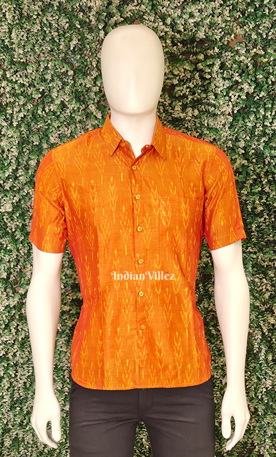 Orange Pochampally Ikat Cotton Half Sleeve Shirt for Men 