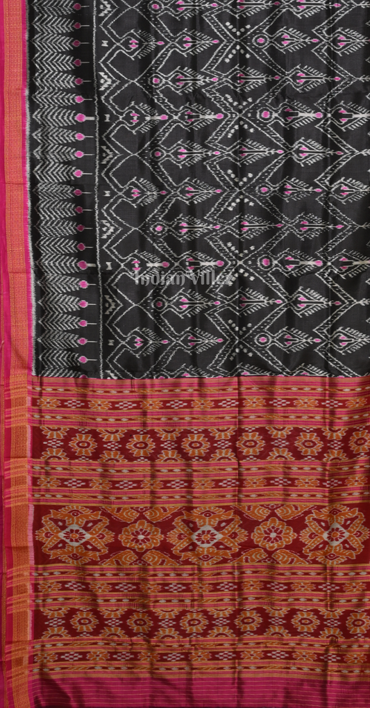 Black Maroon Cambodian Inspired Odisha Ikat Khandua Silk Saree