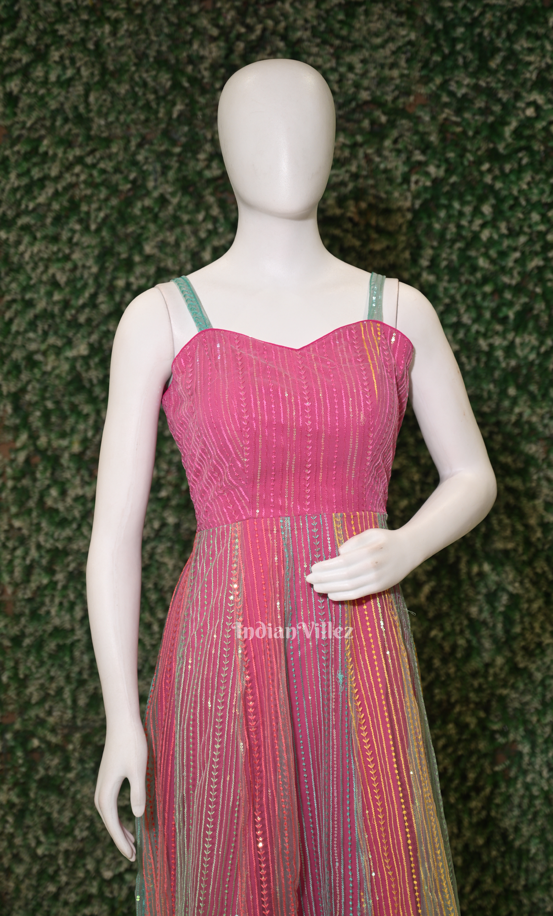 Party Wear Pink Light Blue Noodle Strap Designer Sequin Gown 