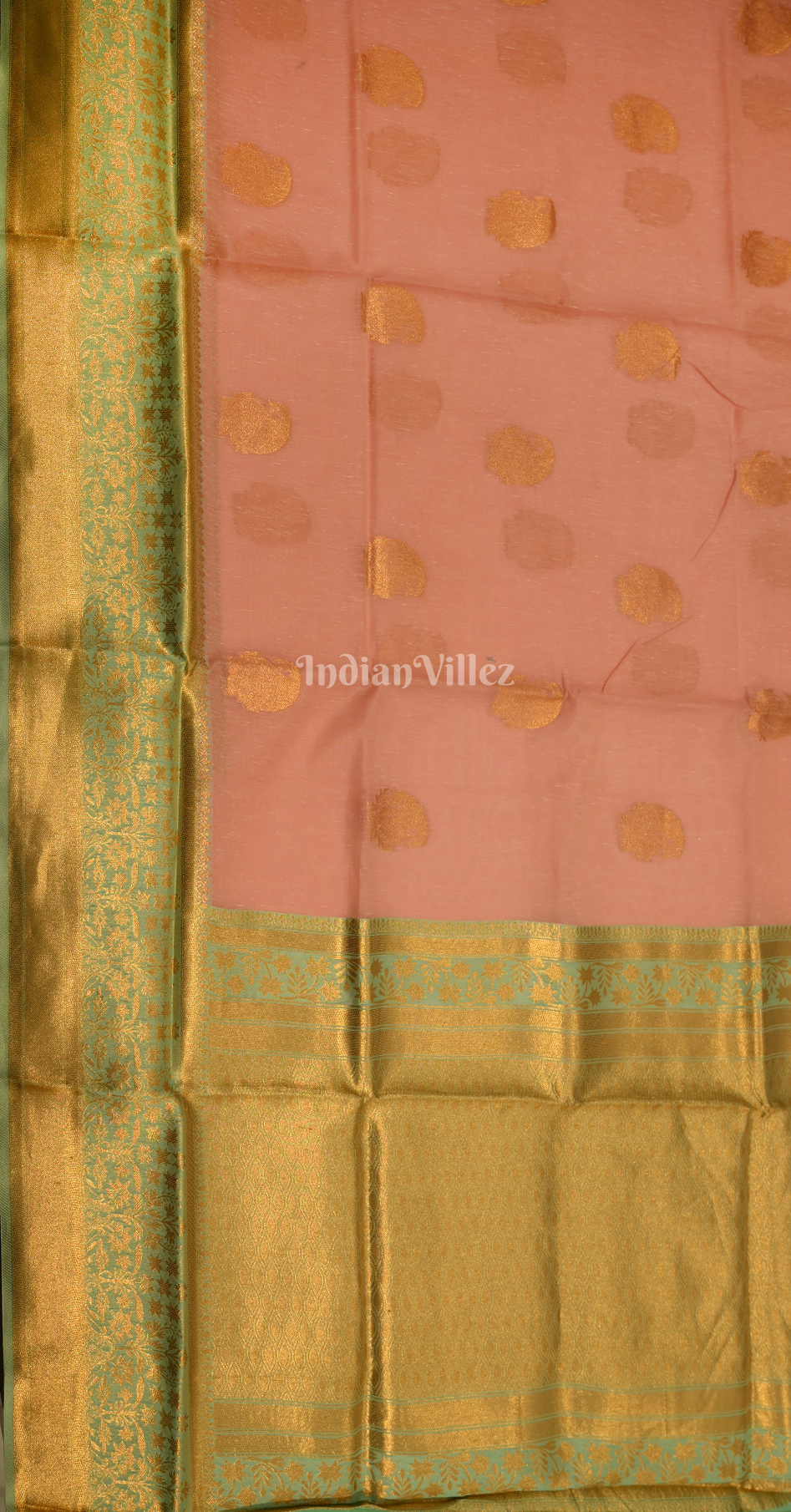 Peach Green Linen with Copper Zari Weaving Saree