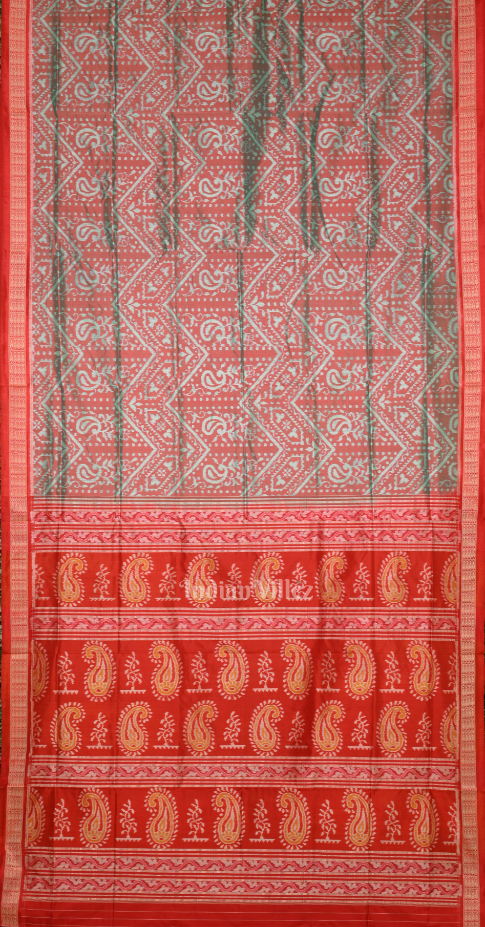 Turquoise Red Parsley Design  Odisha Ikat Sambalpuri Silk Saree
