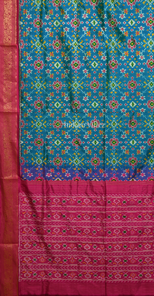 Turquoise Blue Pink Pochampally Ikat Silk Saree 