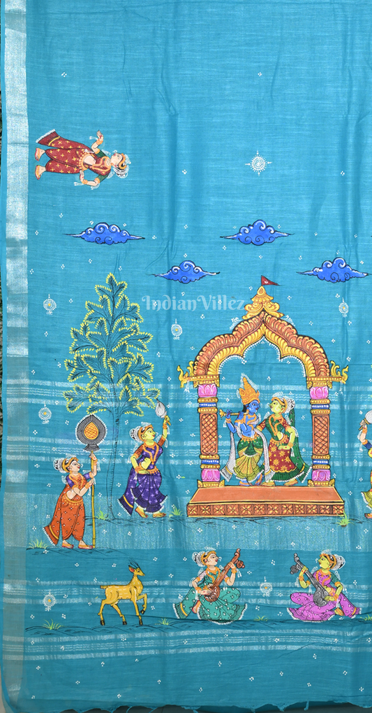 || राधाकृष्ण ||Sky Blue Radha Krishna Hand-Painted Pattachitra Saree