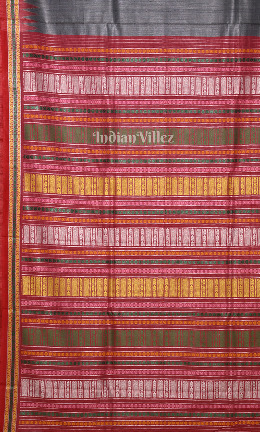 Grey Red Gopalpur Tussar Silk Saree with Jalla Anchal