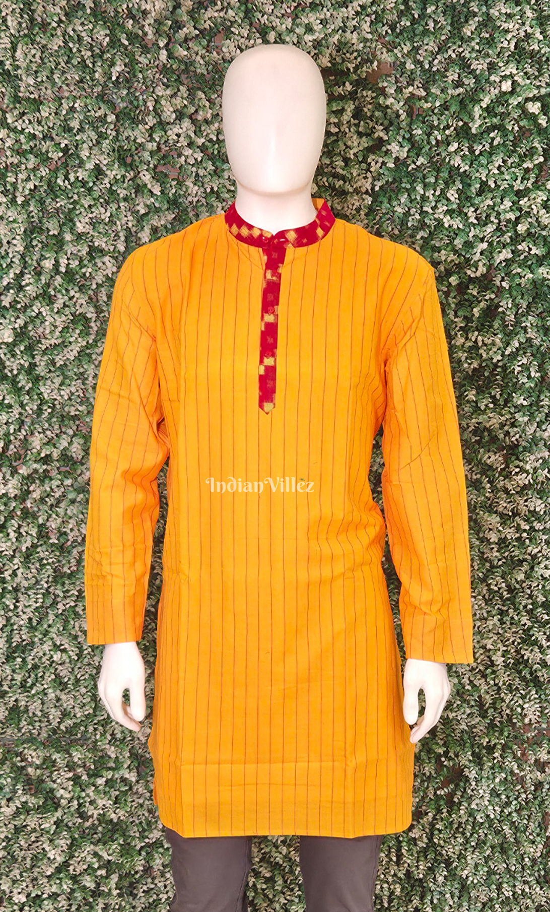 Mustard Yellow Red Stripped Odisha Ikat Cotton Kurta for Men 