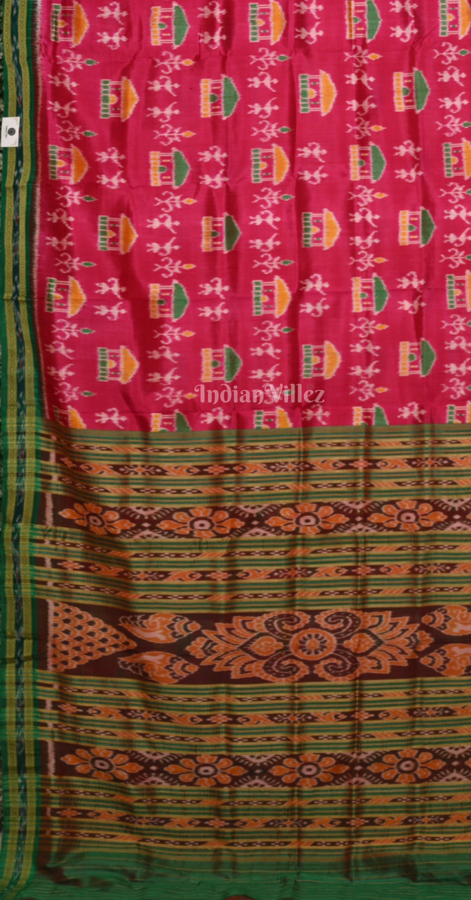 Rani Pink Green Tribal Theme Odisha Ikat Khandua Silk Saree 