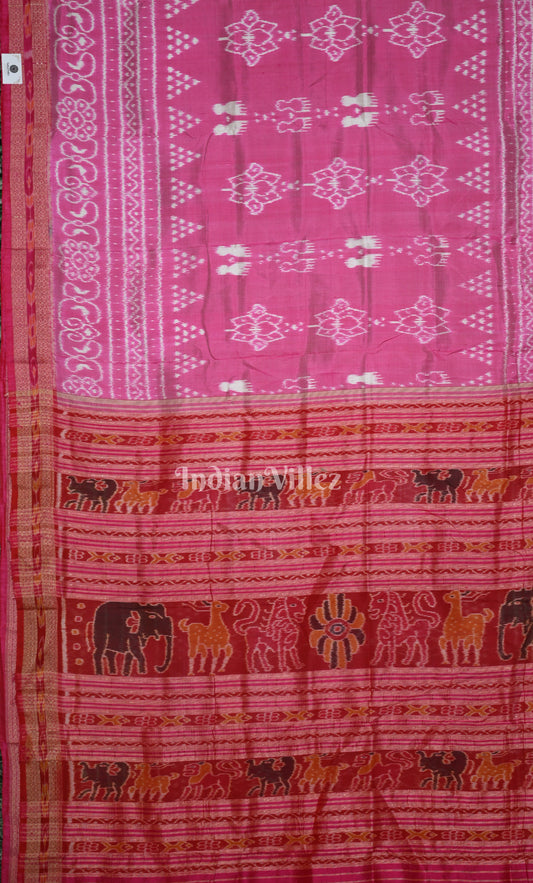 Pink Red Laxmi Pada Jhoti Theme Odisha Ikat Khandua Silk Saree 