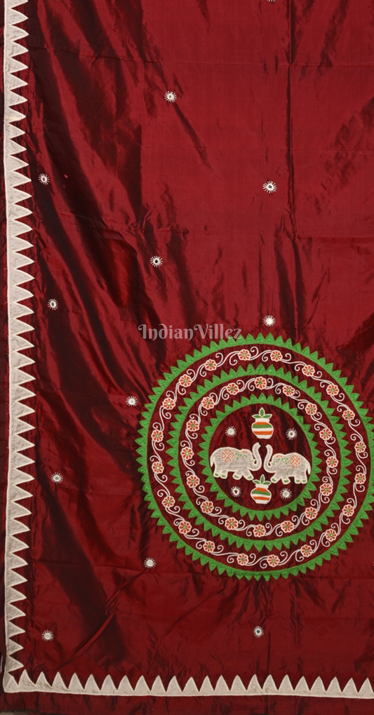 Maroon Applique Work Hand Embroidered Saree