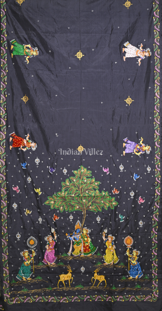 Grey Krishna Raasleela Hand-Painted Pattachitra Silk Saree 