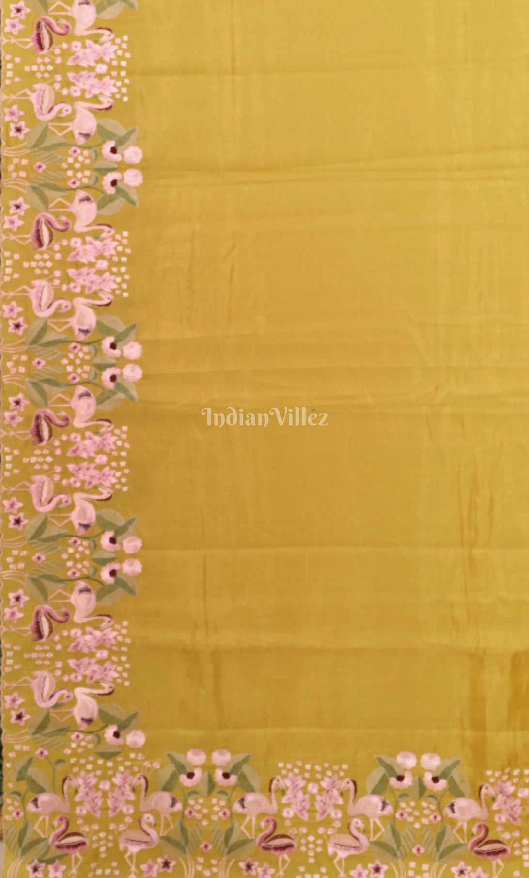 Mustard Yellow Tussar Silk Saree with Floral Hand Embroidery Border