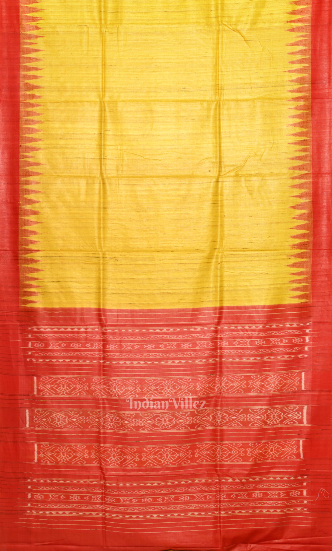 Yellow Red Gopalpur Tussar Silk Saree with Blue Border & Anchal
