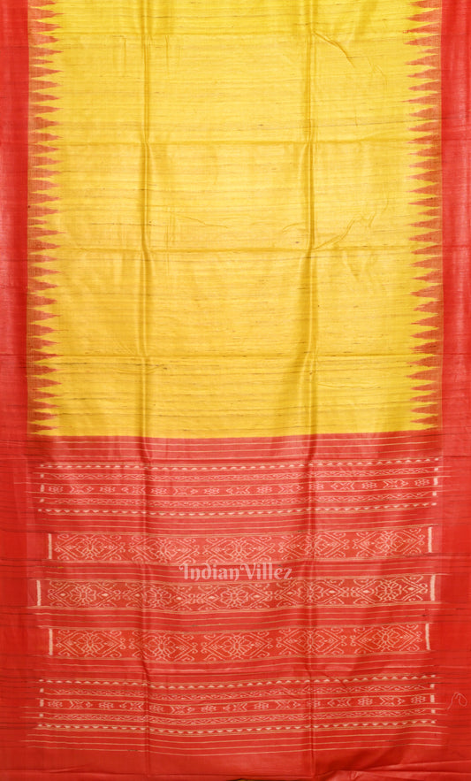 Yellow Red Gopalpur Tussar Silk Saree with Blue Border & Anchal
