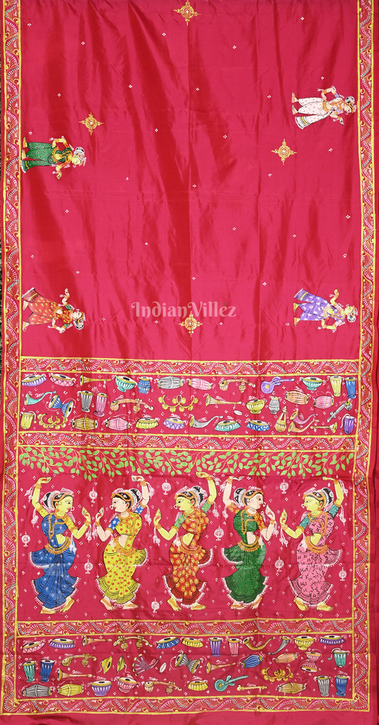 Red Nartaki Theme Hand-Painted Pattachitra Saree
