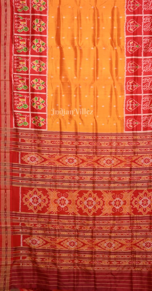 Mustard Yellow Red Dot Half Nabakothi Odisha Ikat Khandua Silk Saree 